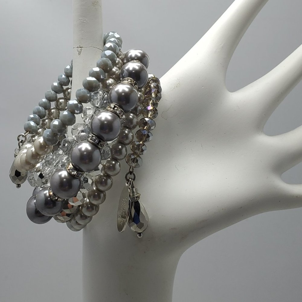 Ali Khan silver gray glass bead 6 row coil bracelet